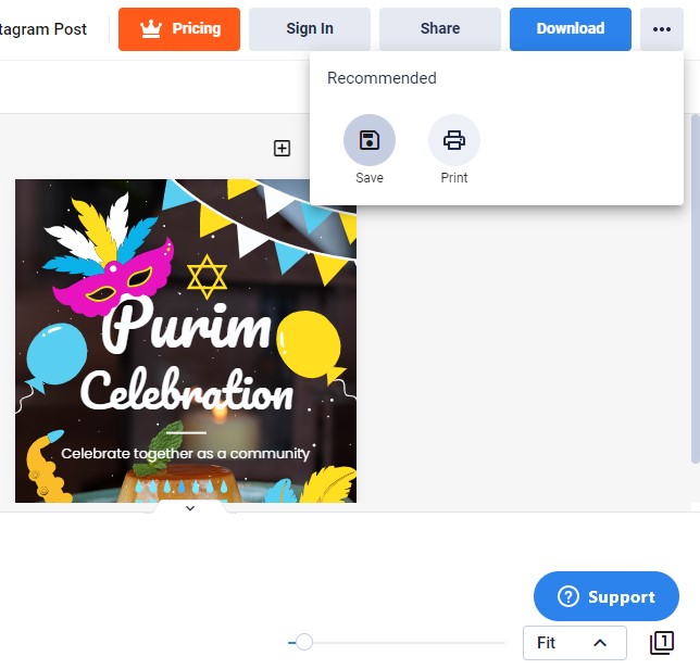 save your progress and download a copy of your finished purim instagram post image