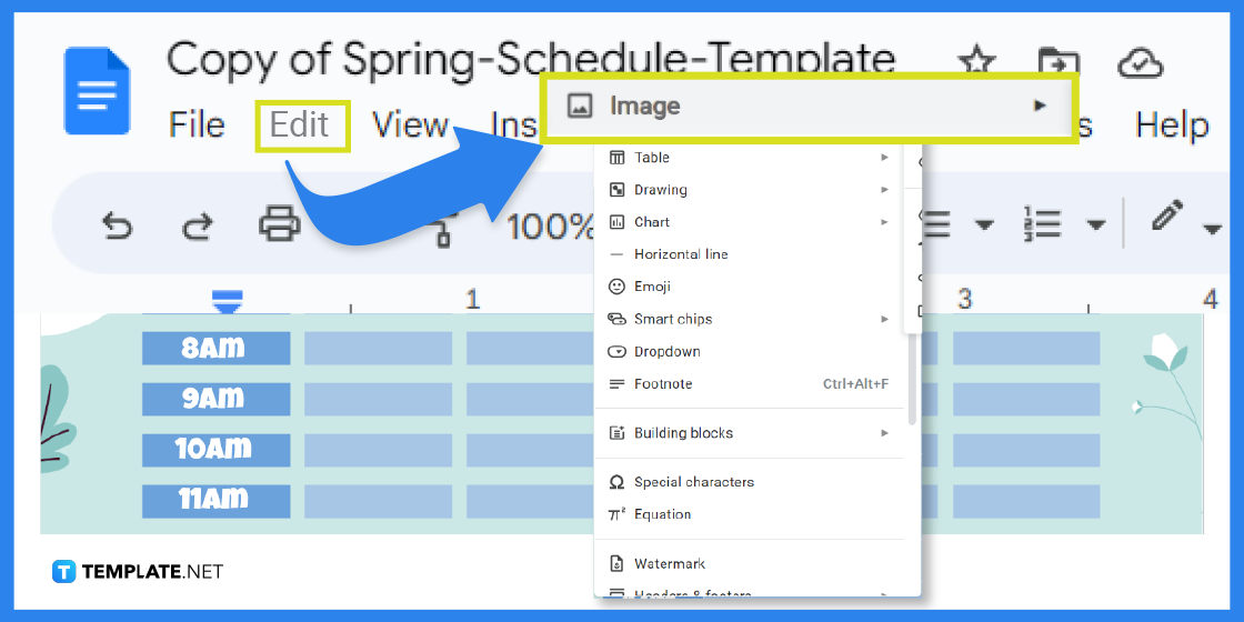 comment créer un calendrier de printemps dans l'exemple de modèle google docs 2023 étape