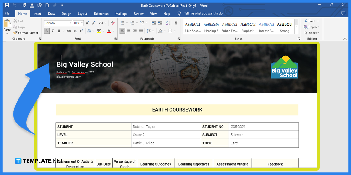 comment créer des cours de terre dans l'exemple de modèle Microsoft Word 2023 étape