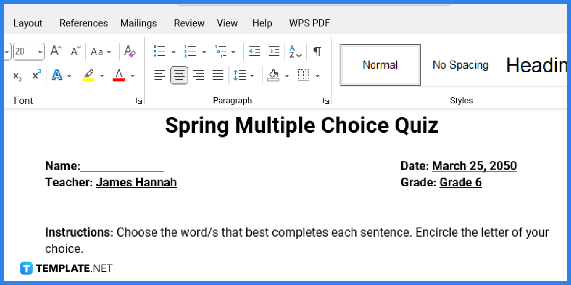 comment créer un quiz de printemps dans l'exemple de modèle Microsoft Word 2023 étape