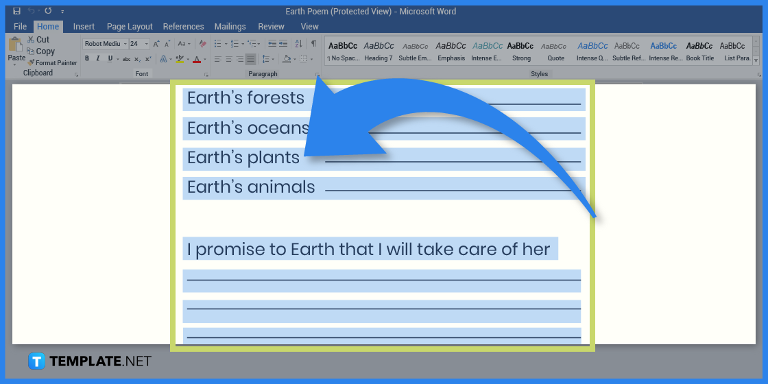 comment créer un poème de la terre dans l'exemple de modèle Microsoft Word 2023 étape