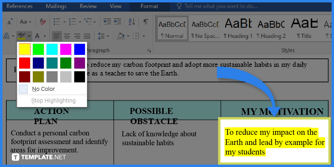 comment faire des objectifs de la terre dans l'exemple de modèle Microsoft Word 2023 étape