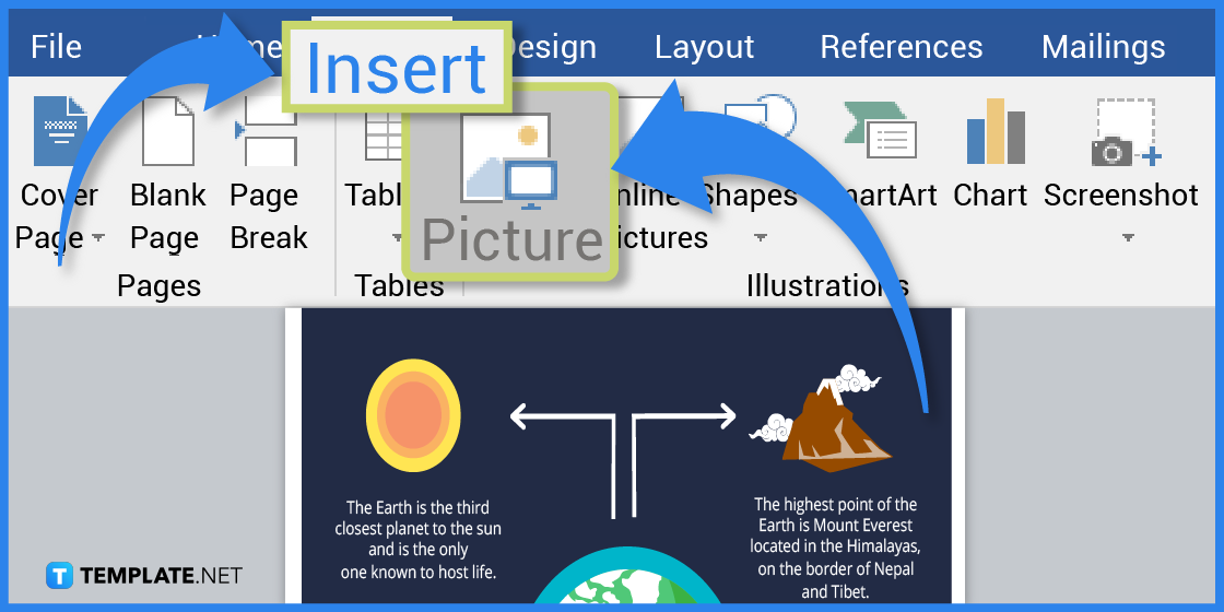 comment faire de l'infographie de la terre dans l'exemple de modèle Microsoft Word 2023 étape