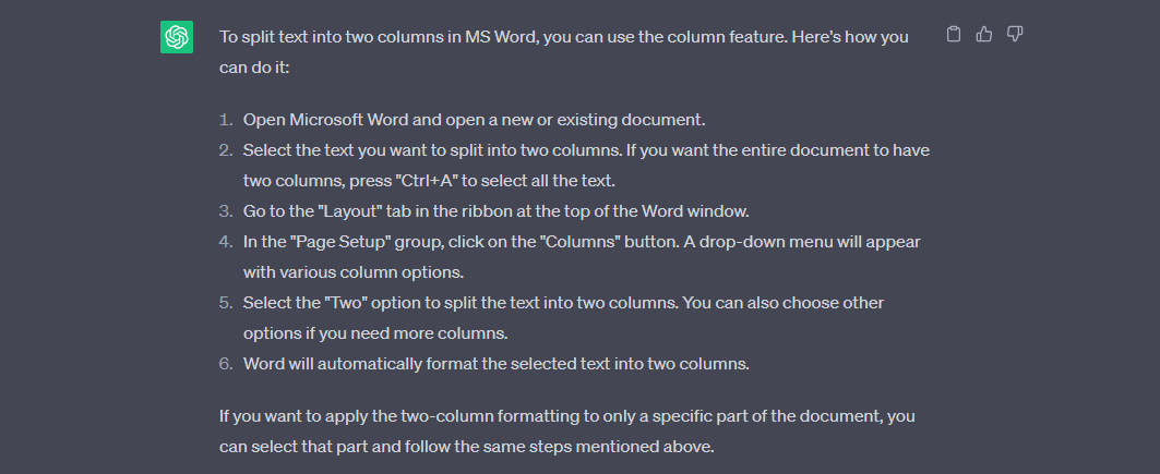 how to split a text into two columns in ms word