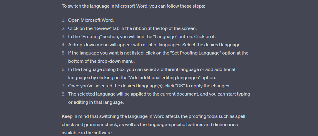 what are the supported languages of ms word and how to switch to them