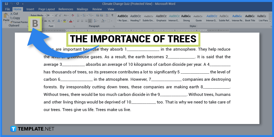 comment créer des quiz sur le changement climatique dans l'exemple de modèle Microsoft Word 2023 étape