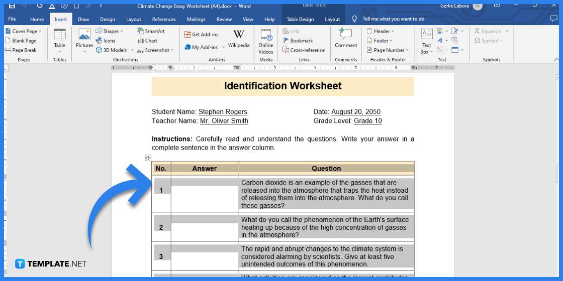 comment créer une feuille de calcul sur le changement climatique dans l'exemple de modèle Microsoft Word 2023 étape