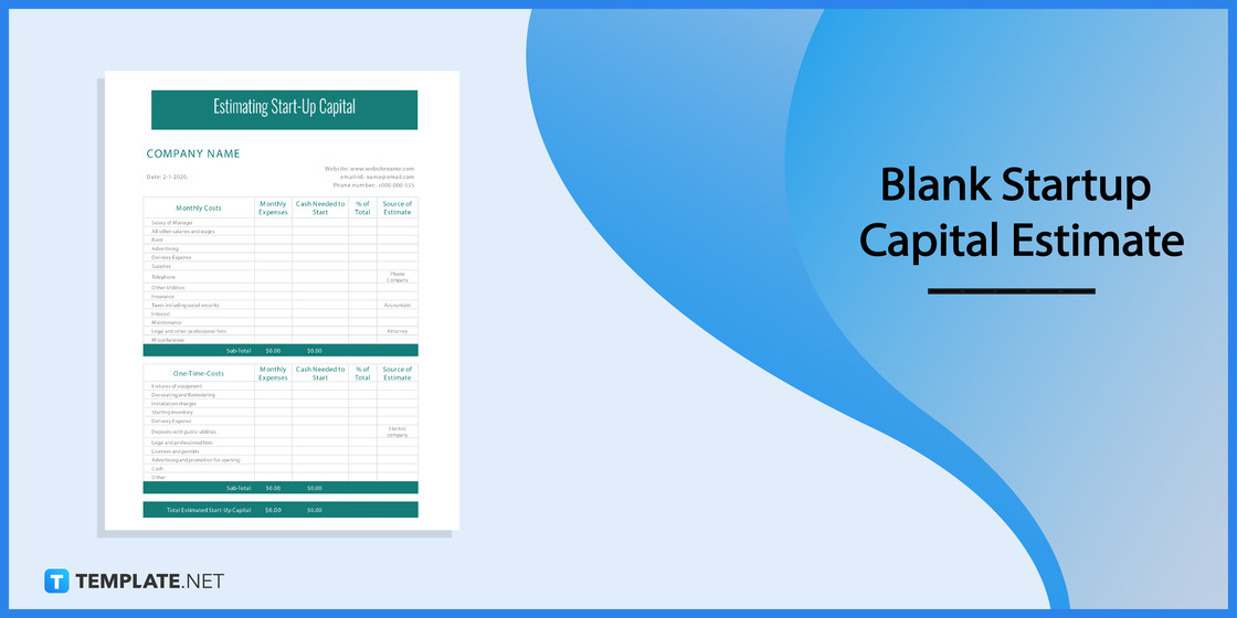 blank startup capital estimate template