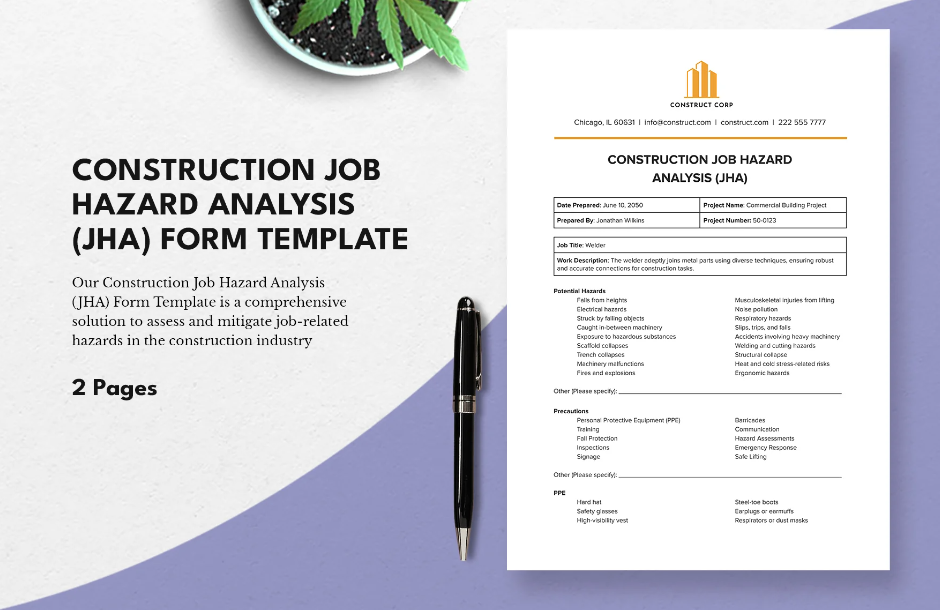 construction job hazard analysis jha form template