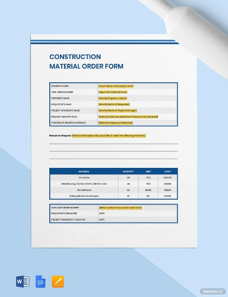 construction material order form template ideas examples