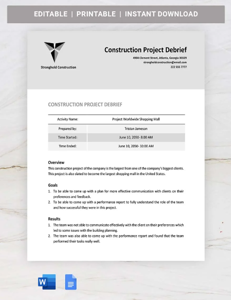 construction project debrief template ideas examples