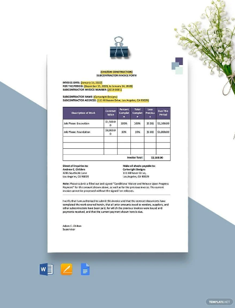 contractor subcontractor invoice template ideas examples