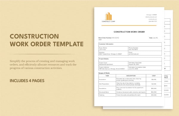 construction work order format in word