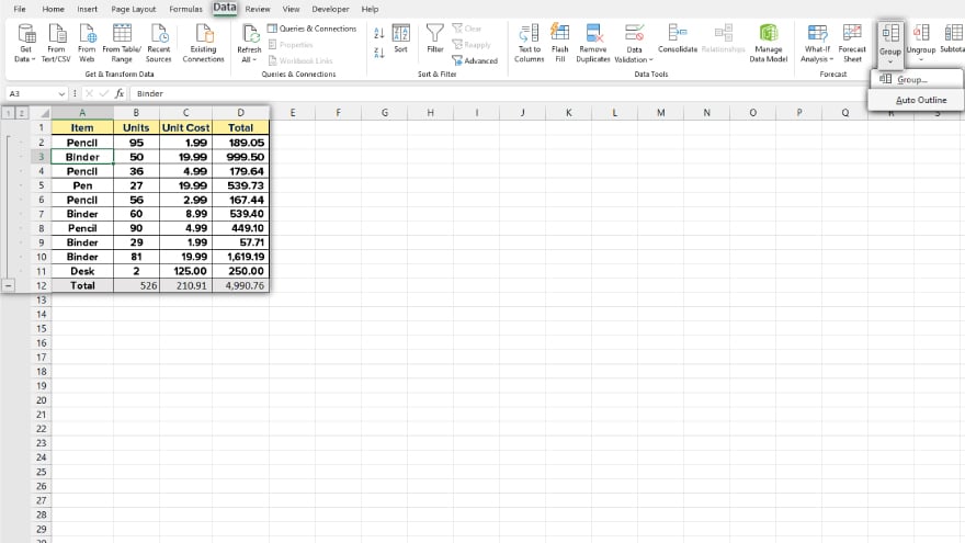 automatically grouping rows in excel