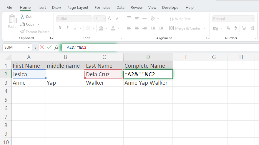 combining text in excel using the ampersand