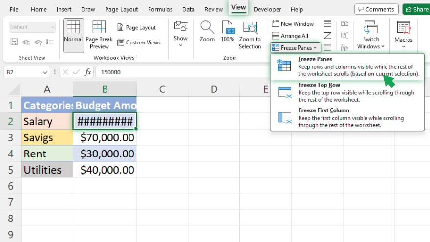 freezing excel rows and columns at the same time