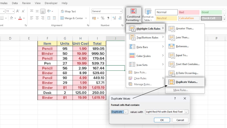 identifying duplicates with conditional formatting
