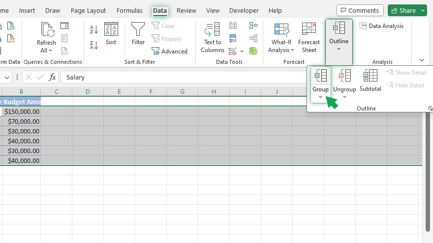 manual grouping in excel