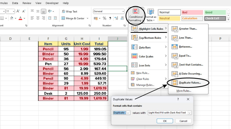 using conditional formatting for duplicates