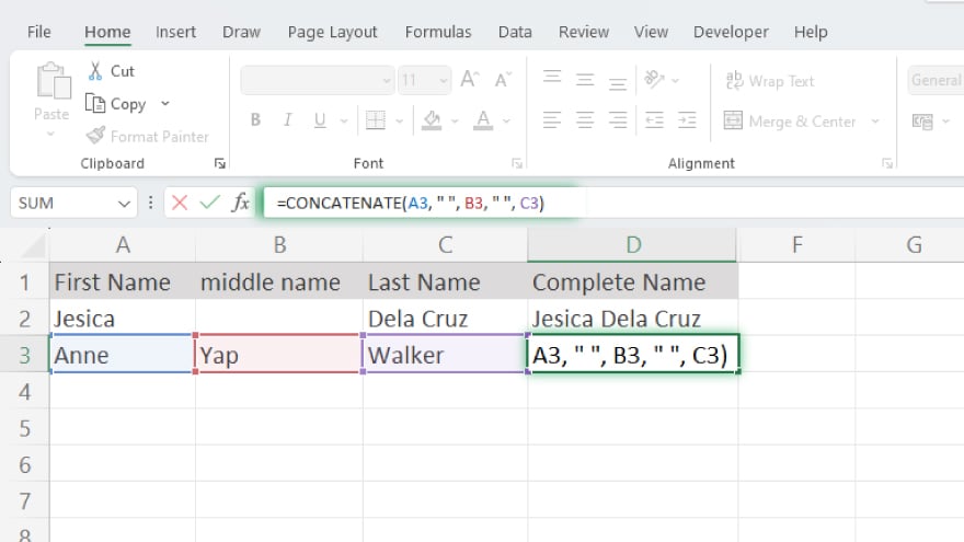 using the concatenate function for text merging