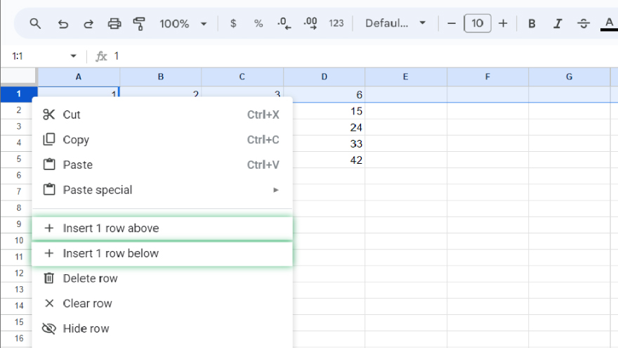 adding a single row in google sheets