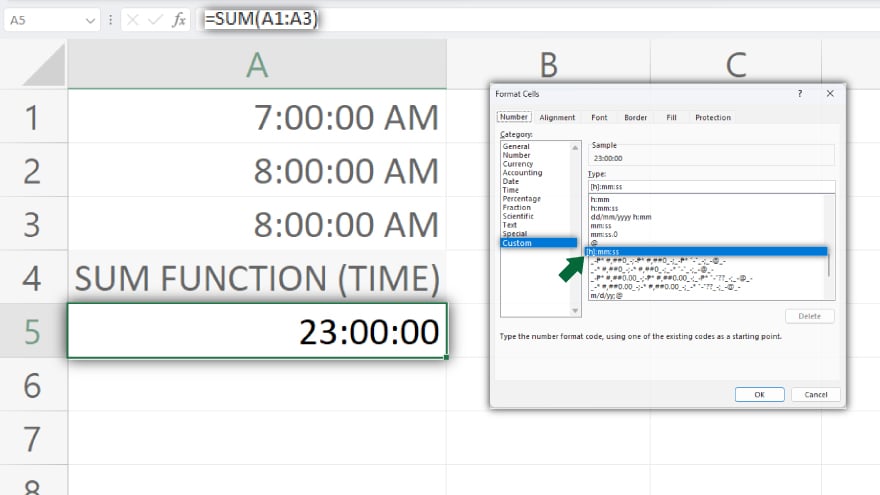applying custom time format via format cells dialog