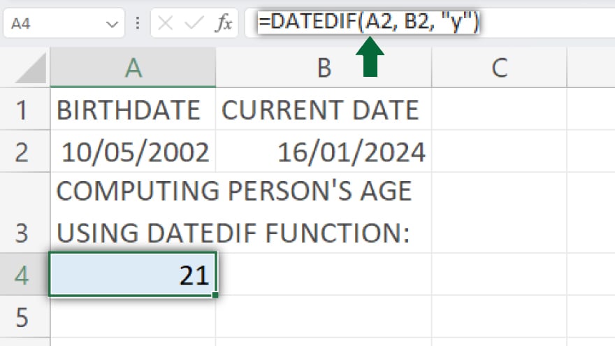 calculating age using the datedif function