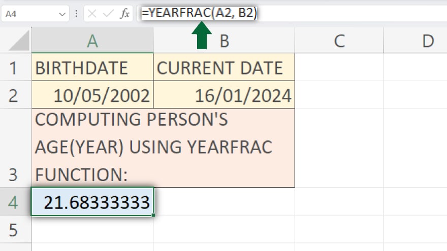 calculating age using the yearfrac function