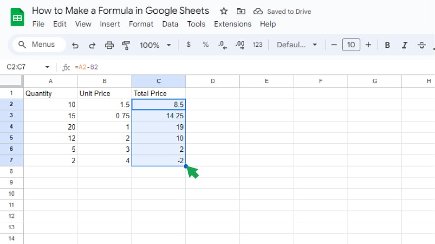 copying a formula in google sheets