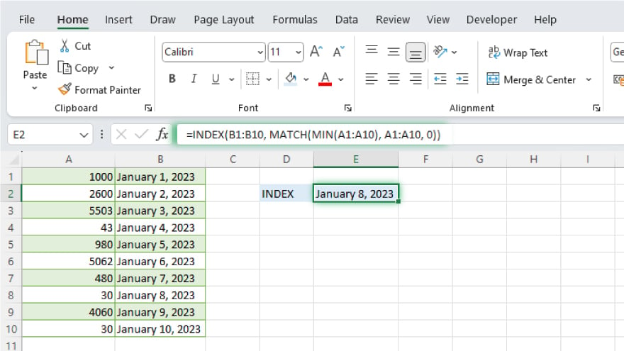 finding dates with index function