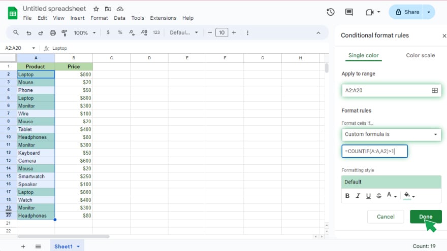 finding duplicates using conditional formatting in google sheets