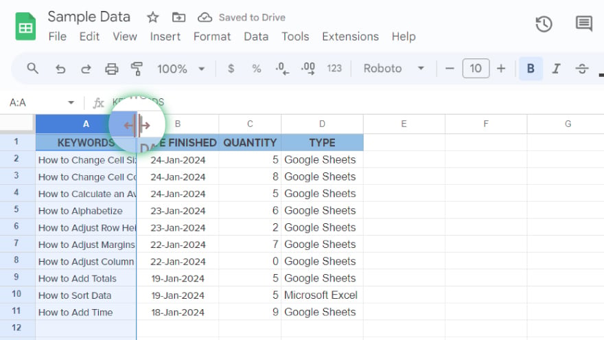 manually adjust column width in google sheets