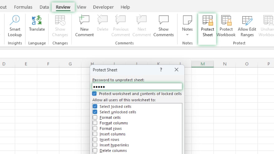 protecting a worksheet in excel
