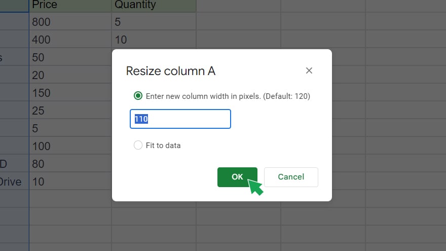 setting a specific column width in google sheets