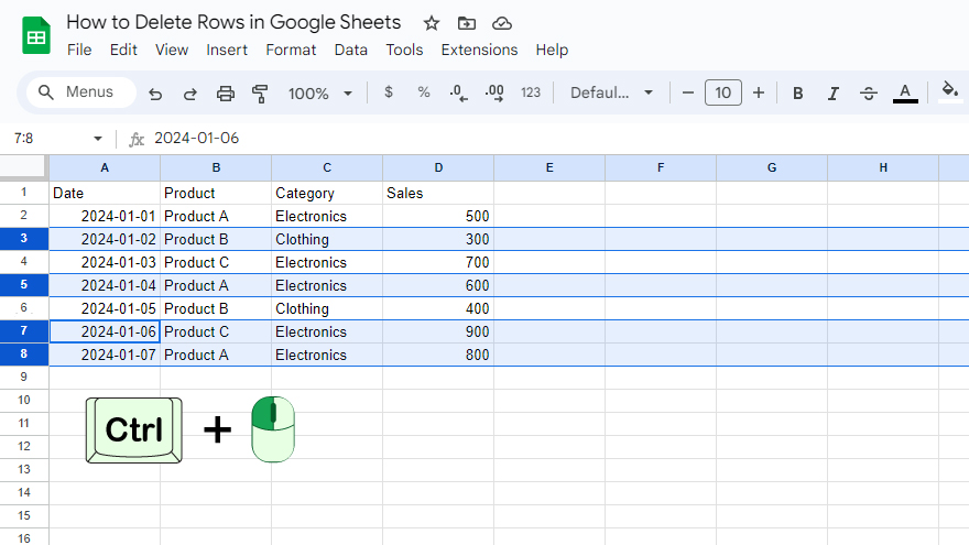 step 1 selecting the row in google sheets
