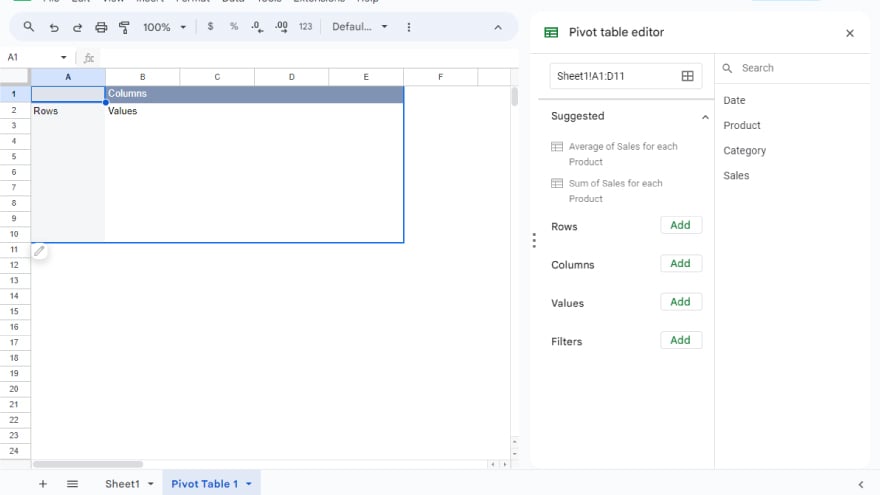 step 2 open the pivot table editor in google sheets