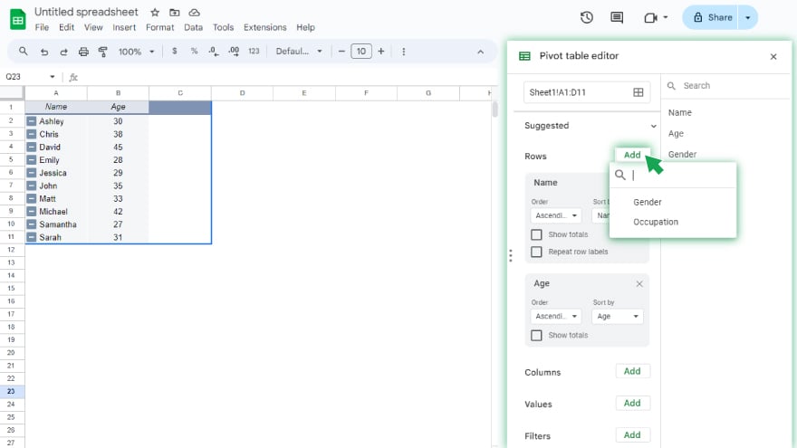 step 3 create your data table in google sheets