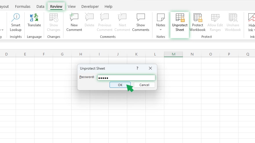 unprotecting a worksheet in excel