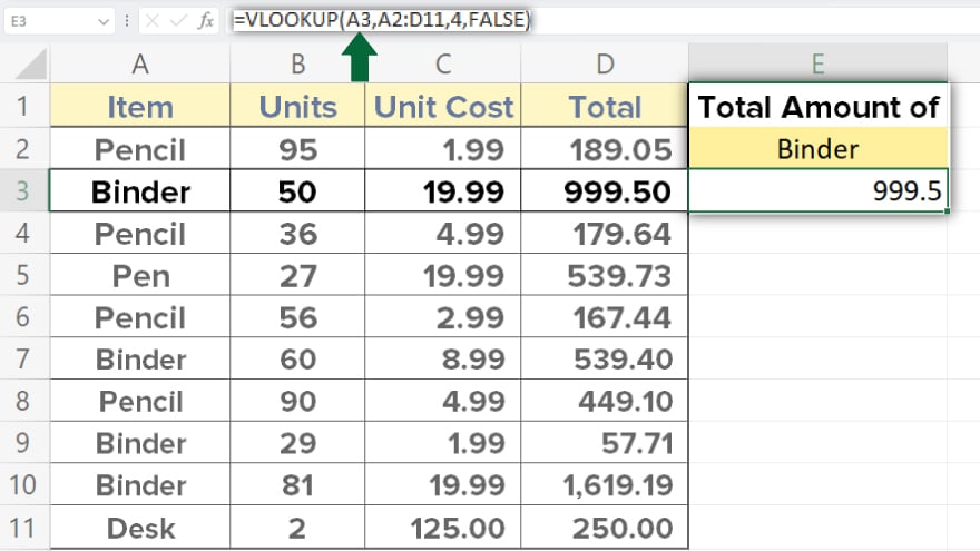 using vlookup to return a value