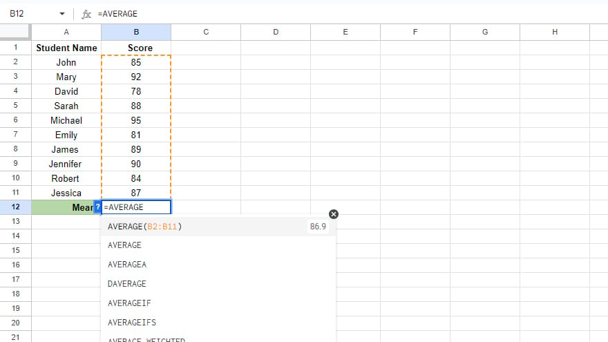 calculating the mean in google sheets