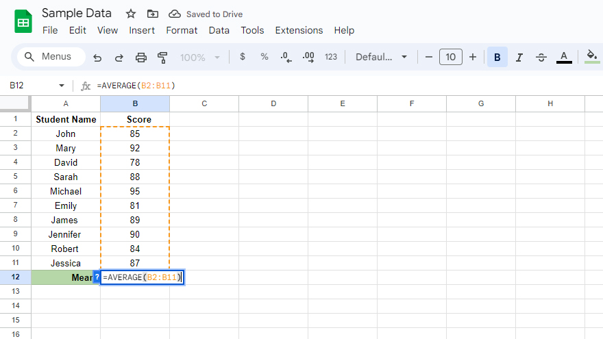 google sheets calculating the mean
