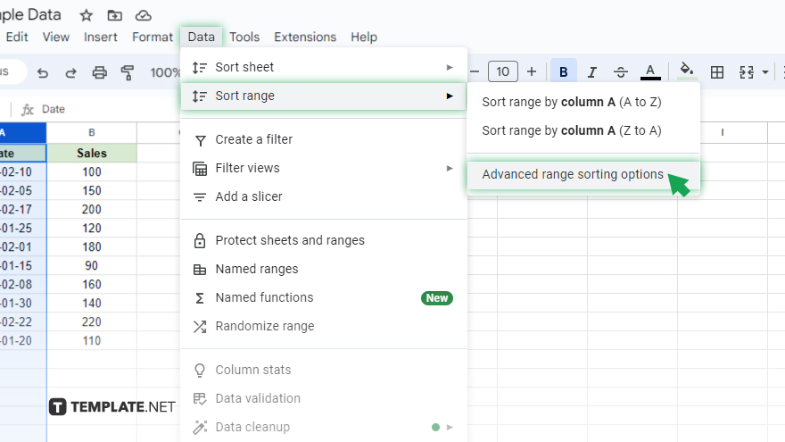 google sheets using the sort range feature