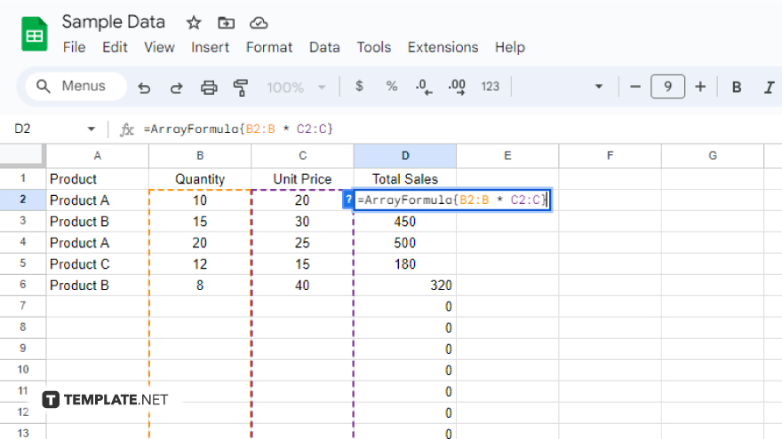how to insert formulas in google sheets using array formulas for efficient data processing