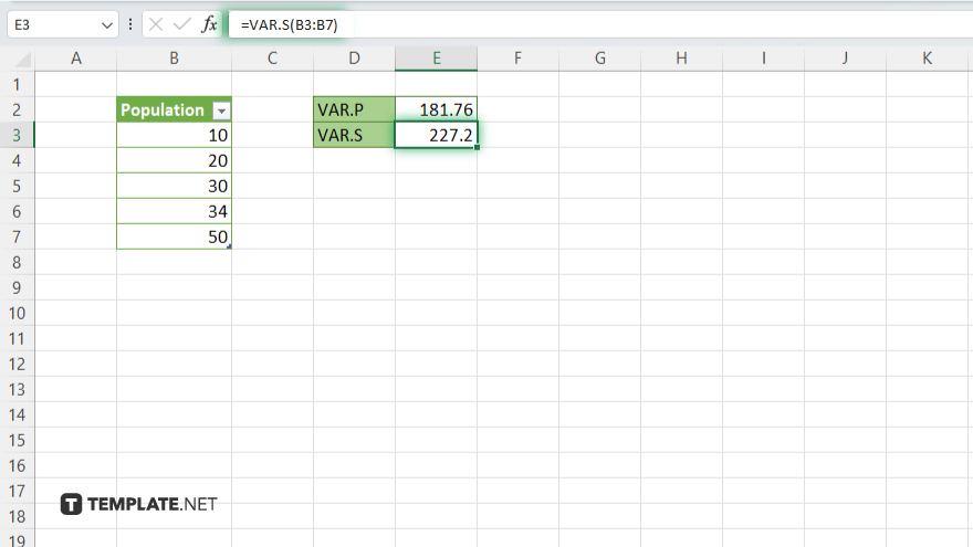 microsoft excel step 3 use the variance function