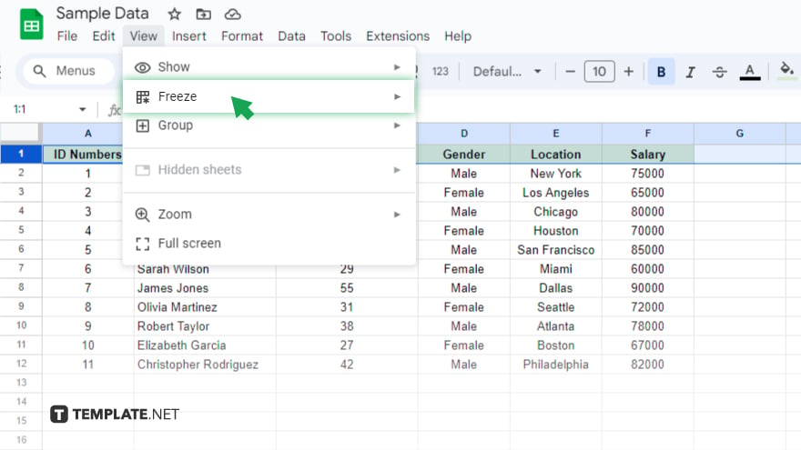step 4 hover over the freeze option in google sheets