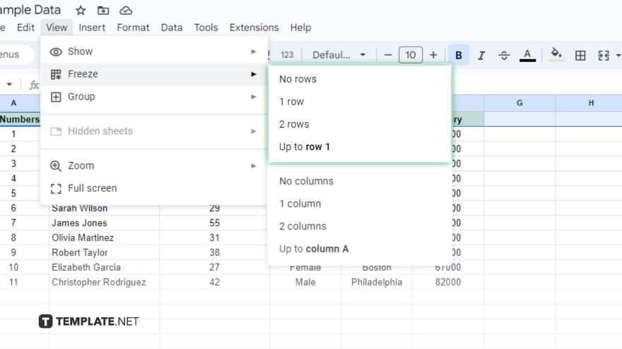 step 5 choose the number of rows to pin in google sheets