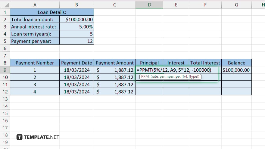 step 5 calculate each payments interest and principal i microsoft excel