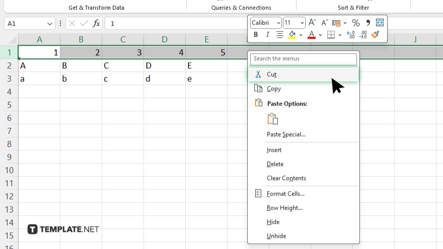 step 2 cut the row in excel