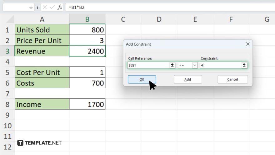 step 6 add constraints in microsoft excel