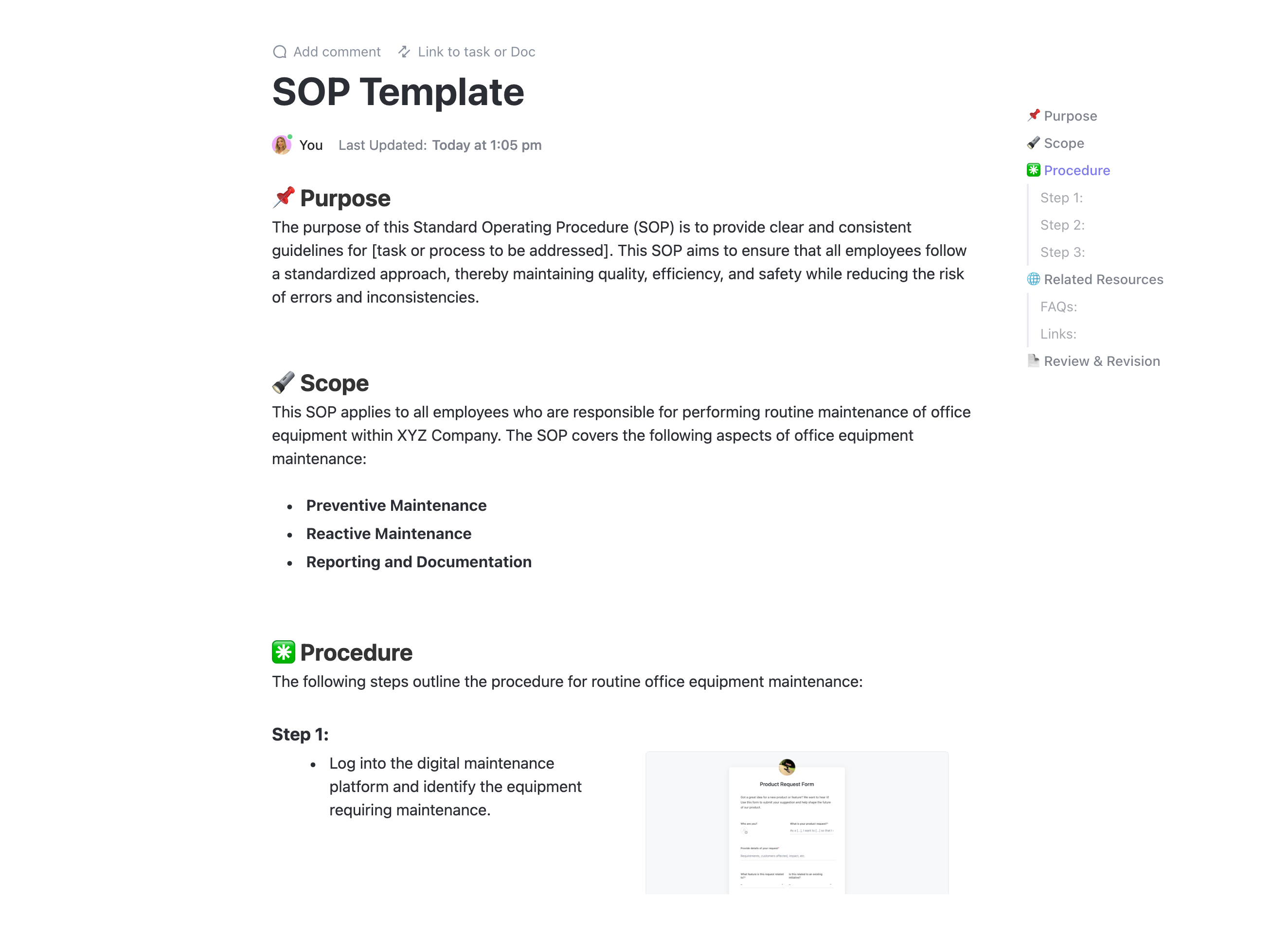 clickup product design sop template